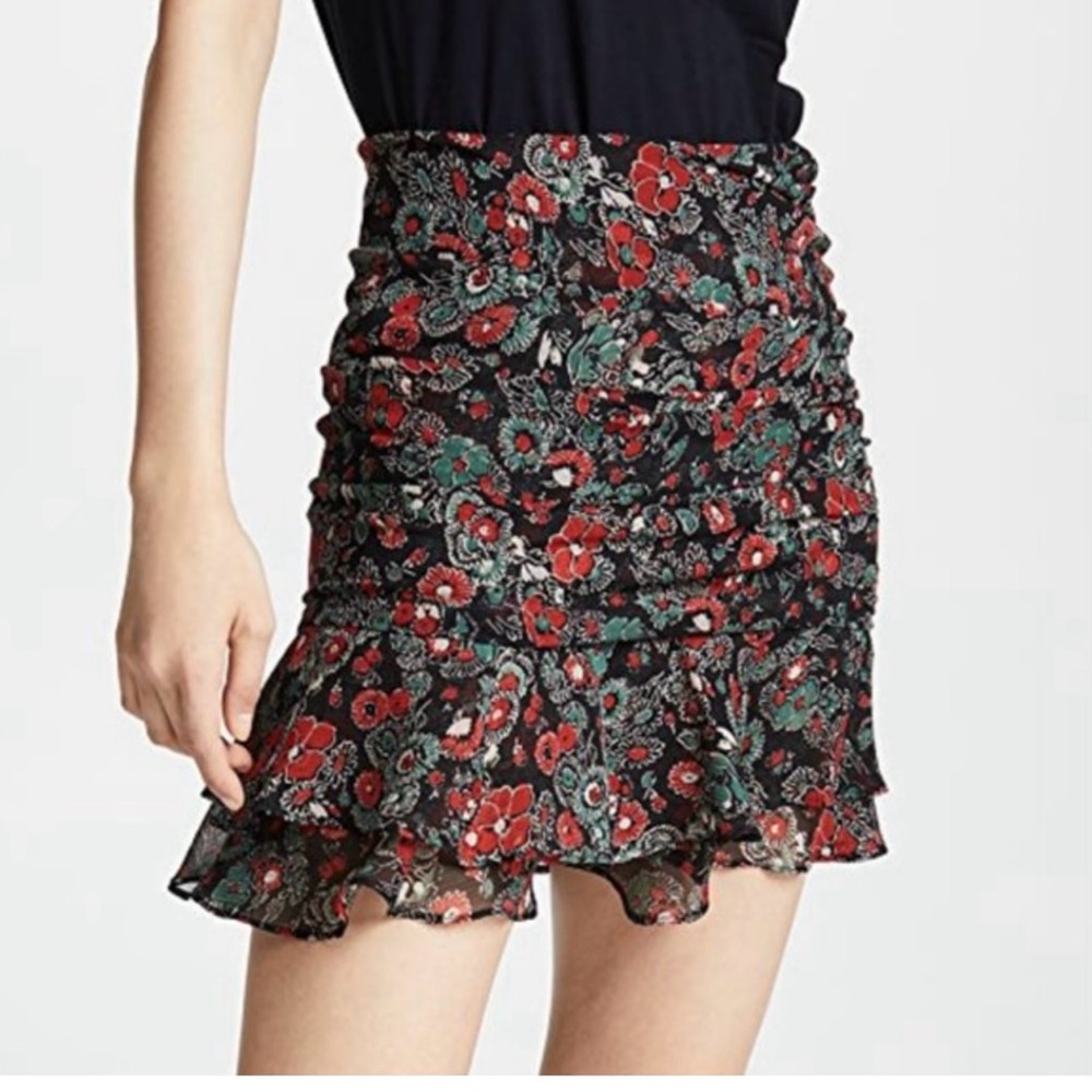 VERONICA BEARD Mini Skirt Black Red Sz 2 Floral Print Ruched Front Zip Chic